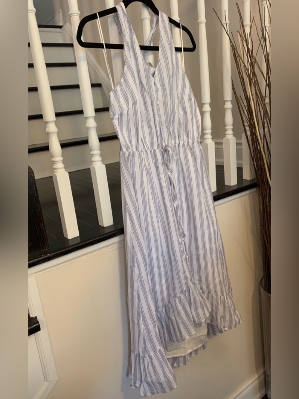 Striped Button-Front Halter Maxi Dress - Light Blue & White